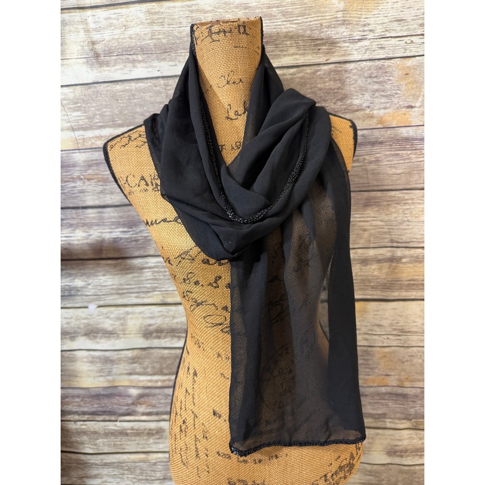 Black Sheer Chiffon Wrap Scarf with Beaded Trim Detail Elegant Evening Shawl
